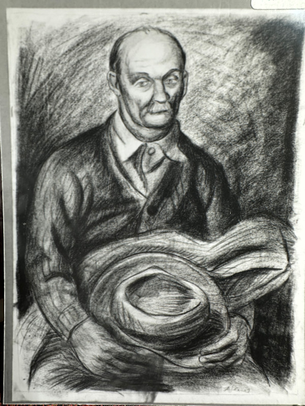 "Portrait: Bald Man with Mustache, Coat and Hat in Lap" named by CLL by Fred Shane, Image 1.