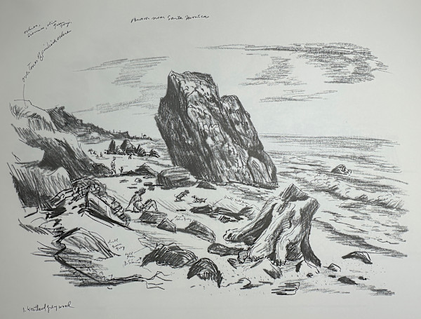 "Castle Rock: Beach Near Santa Monica", study for casein painting by Fred Shane, Image 1.