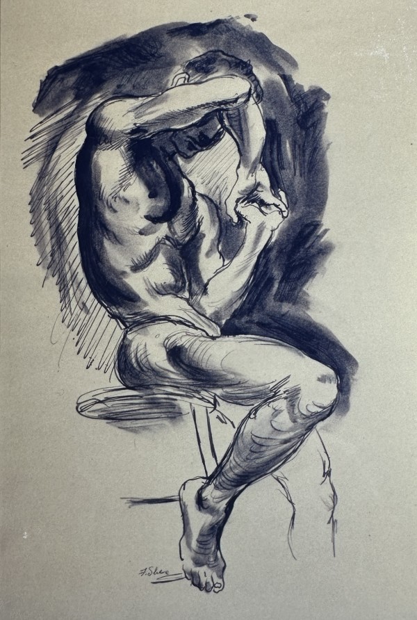 "Figure Study: Seated Man with Clasped Hands and One Elbow Raised" named by CLL by Fred Shane, Image 1.