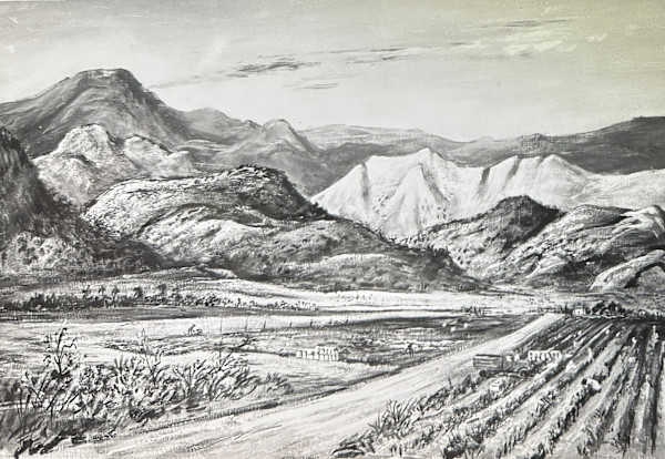 "California Mountains" aka "Valley with Distant Farm Laborers" named by CLL by Fred Shane, Image 1.