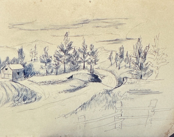 "Small House with Trees, a Road and a Fence" named by CLL by Fred Shane, Image 1.