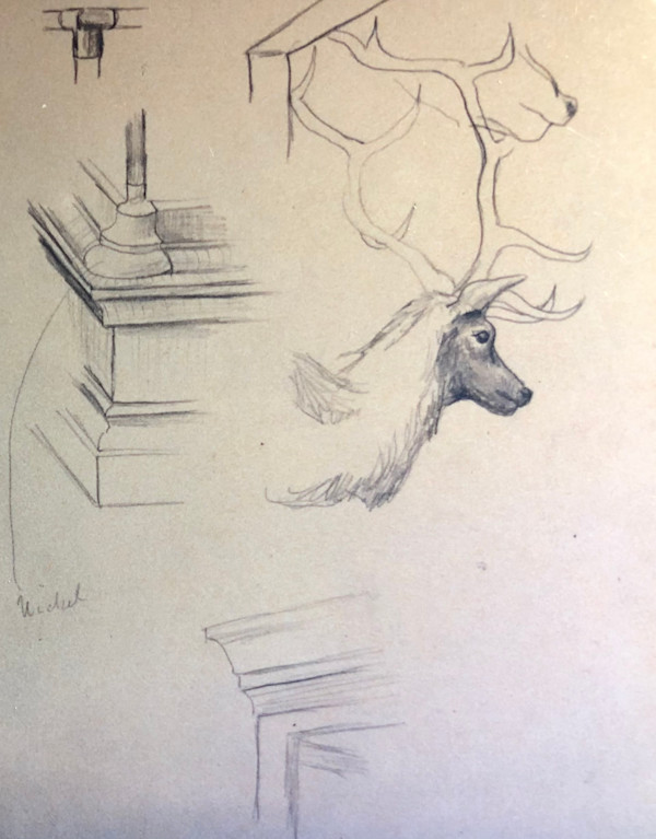 "Curio Shop - The Mummified Indian" - sketch for the Deer Head and Corner of Cabinet, named by CLL by Fred Shane, Image 1.