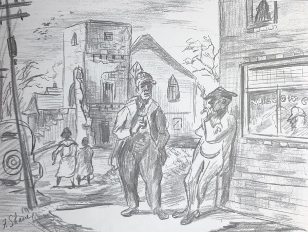 "Sharp End, Winter, with People" pencil sketch by Fred Shane, Image 1.