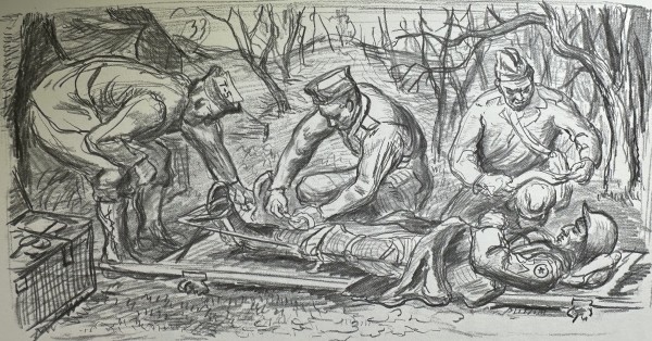 "Army Medicine, Man on Stretcher Being Bandaged" sketch named by CLL by Fred Shane