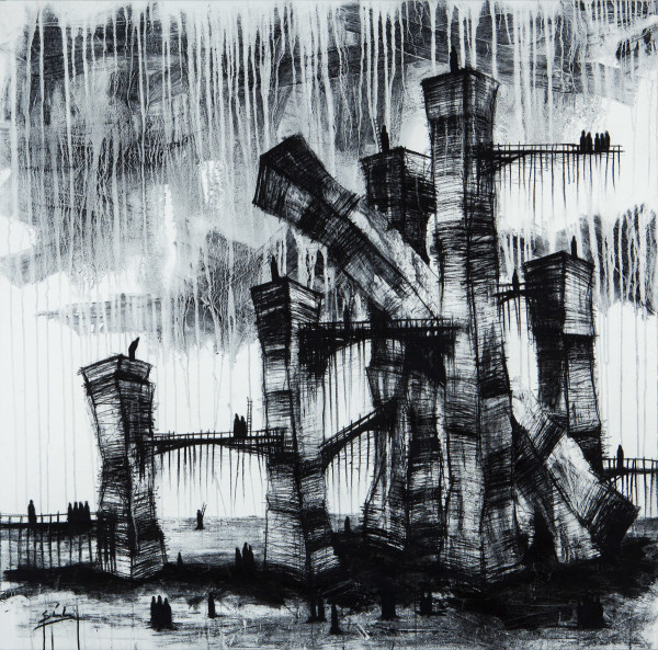 Sin Titulo - Black and White Charcoal of a bridge by Sandor Gonzalez