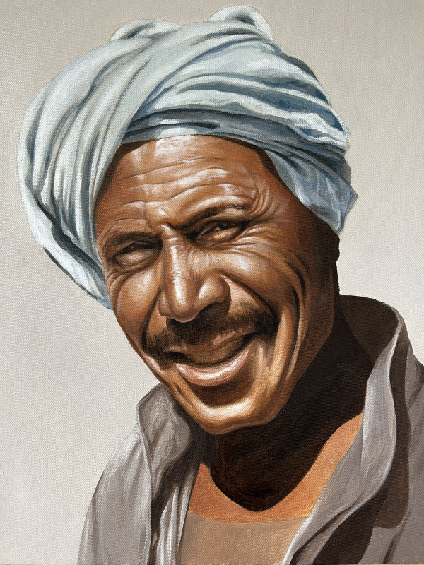 Squinting man in blue turban by Luke Parry