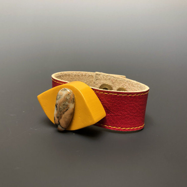 Leather Cuff with Found Wood and Pebble by Paul Guillemette