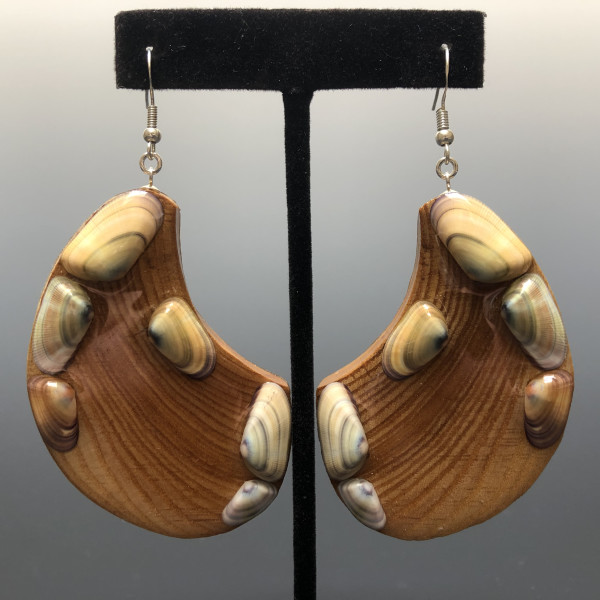 Found Wood & Periwinkle Shell Dangle Earrings by Paul Guillemette