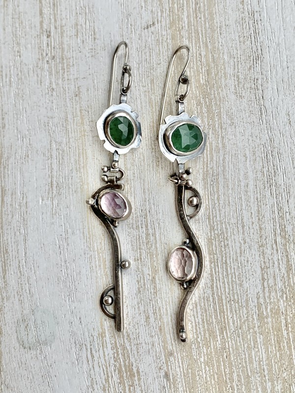 Harmony Earrings with Rose-cut Green Adventurine and Faceted Pink Amethyst by Joan A Wescott