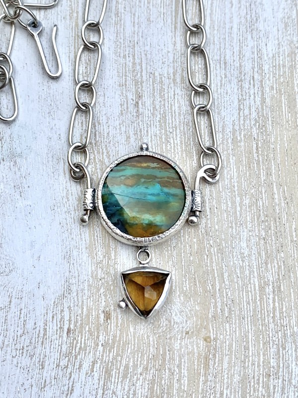 Transformative Opalized Petrified Wood and Honey Quartz Necklace by Joan A Wescott