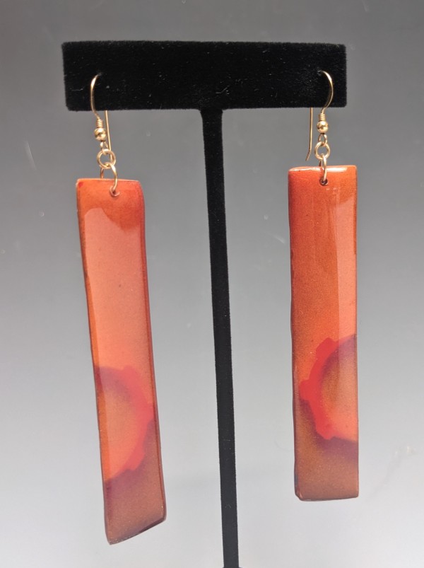 Found Wood Dangle Earrings Orange Gear by Paul Guillemette