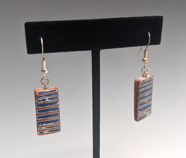 Blue Stripes Found Wood Dangle Earrings by Paul Guillemette