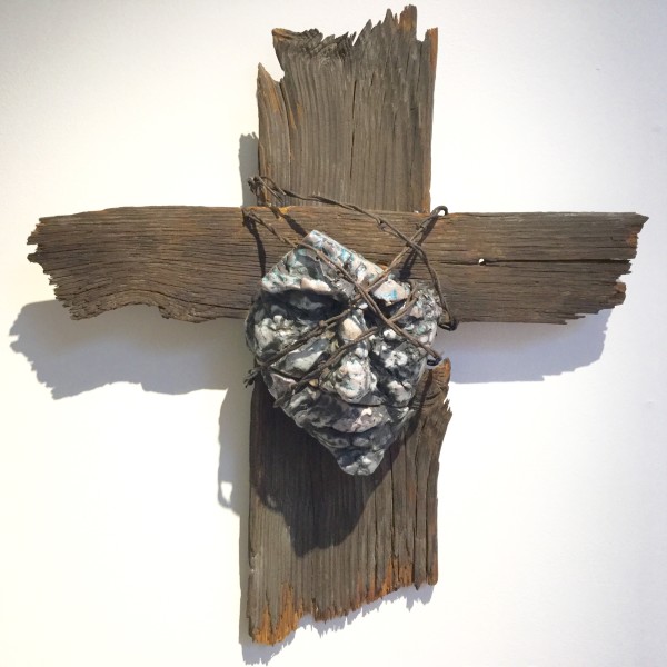 Crucifix soda fired ceramic, wood, steel by Nancy Goughnour