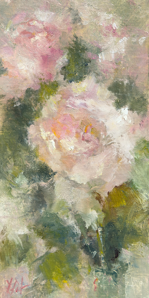 Pink Roses in Green Glass by Lamya Deeb