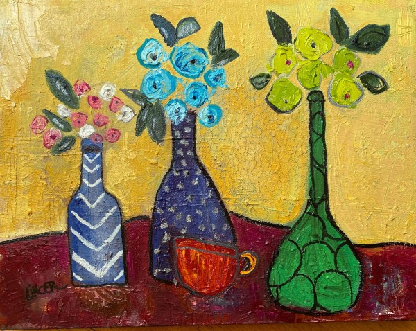 Three Bottles and a Cup by Tina Lincer
