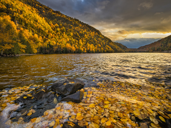 Upper Cascade Lake at the Base of Cascade Mountain with Autumn Birch Leaves by Johnathan Esper