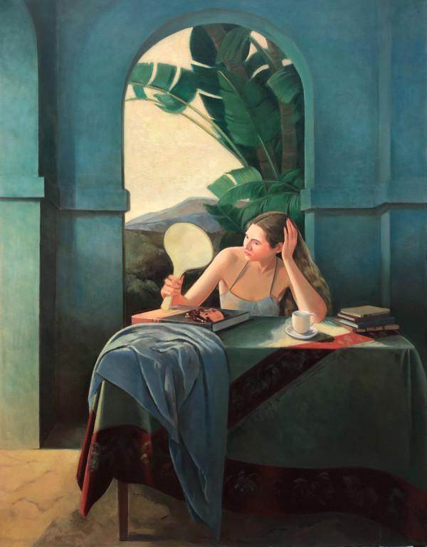 Model Holding Mirror, Blue Wall by Ethel Fisher