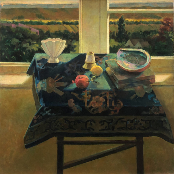 Table Tilted/Landscape with Chinese Rug by Ethel Fisher