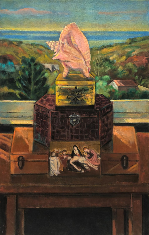 Still Life with Postcard and Pink Shell (Pietà) by Ethel Fisher