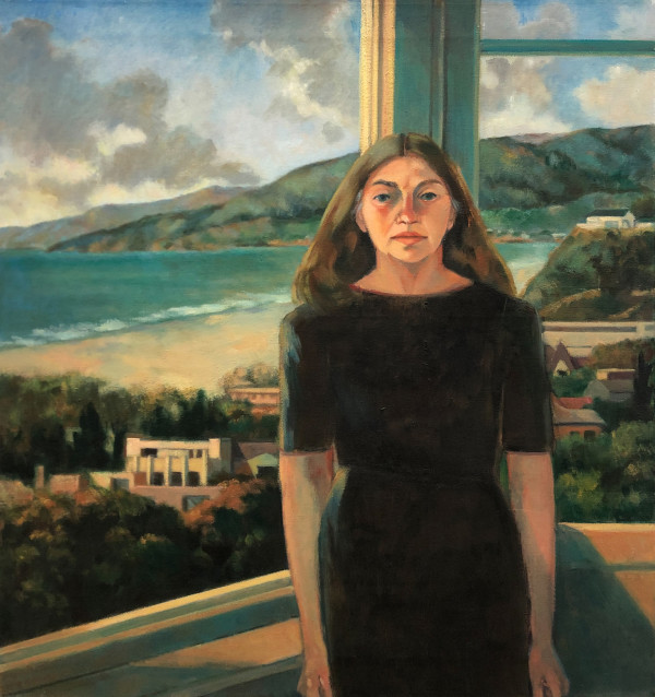 Self Portrait Standing in Front of Sea and Mountains by Ethel Fisher