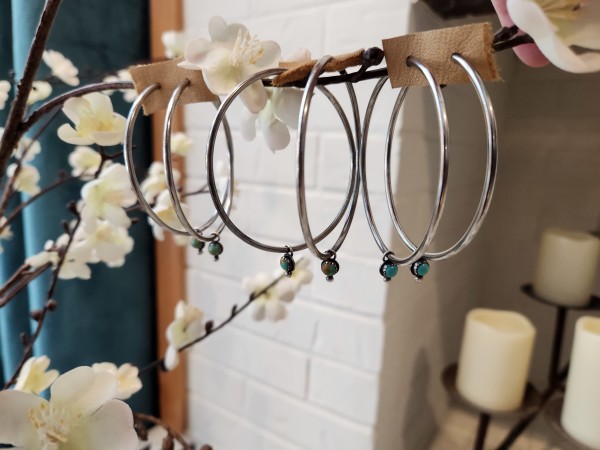 "Infinite Simplicity Hoops" - Lightweight Sterling Silver Hoop Earrings with Kingman turquoise and sawtooth bezel - Art Is - 1 of 3 by Shasta Brooks