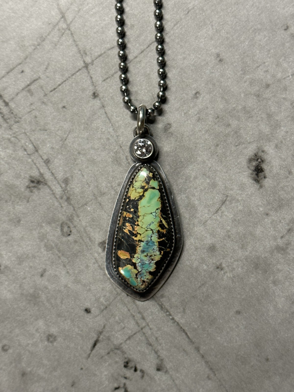 "Butterfly Wing Pendant" - Natural Blackjack Turquoise with CZ Accent in Sterling Silver by Shasta Brooks
