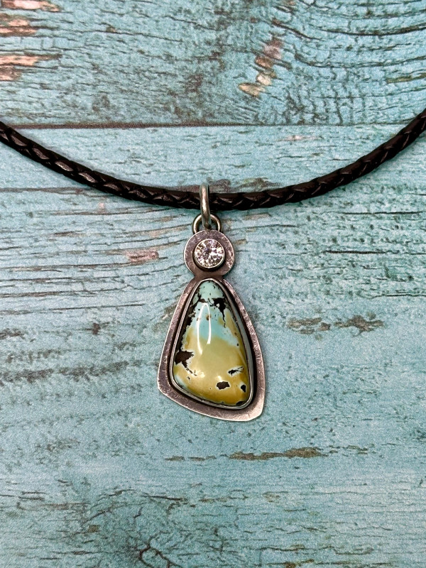"Butterfly Wing Pendant" - Natural Black Hills Turquoise and CZ on Black Braided Leather Choker by Shasta Brooks