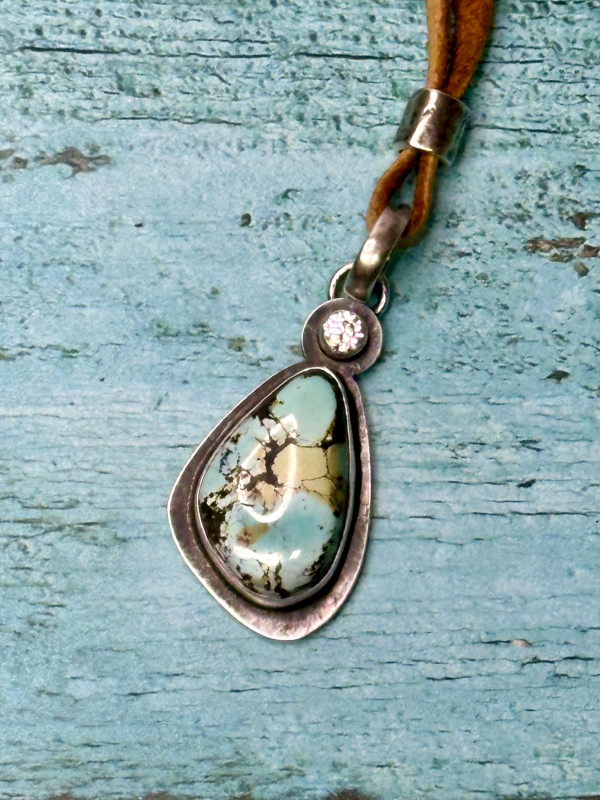 "Butterfly Wing Pendant" - Natural Black Hills Turquoise and CZ on Adjustable Deerskin Leather Lace by Shasta Brooks