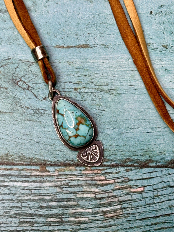 "Raindrop Shell Stamped Pendant" - Kingman Turquoise set in Sterling Silver, on Deerskin Leather Lace by Shasta Brooks
