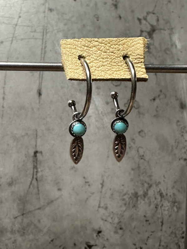 "Turquoise Feather Charmed Hoops" - Kingman Turquoise with Sawtooth Bezel 2 of 2 by Shasta Brooks