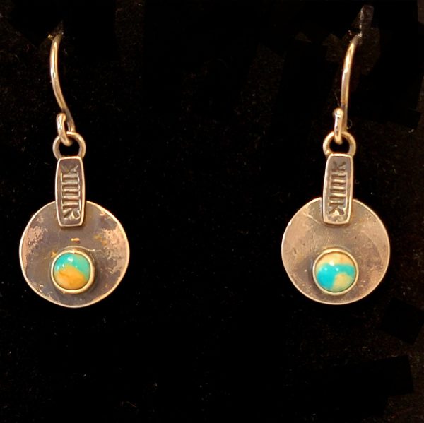"Nothing Barred Earrings" - Rustic Tribal Hand Stamped Mona Lisa Turquoise French Wire Earrings by Shasta Brooks