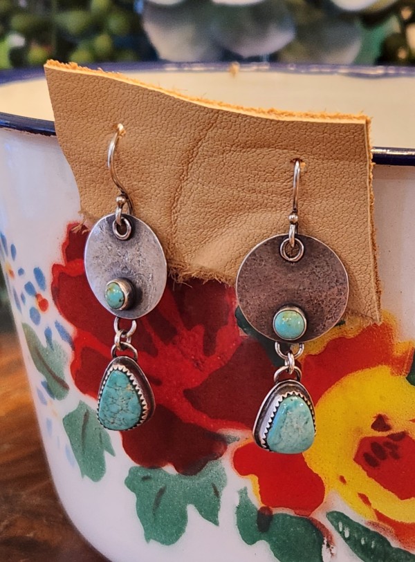 "Rustlerina Earrings" - Asymmetrical Kingman Turquoise Drops Sway from Rustic Discs on French Wires by Shasta Brooks