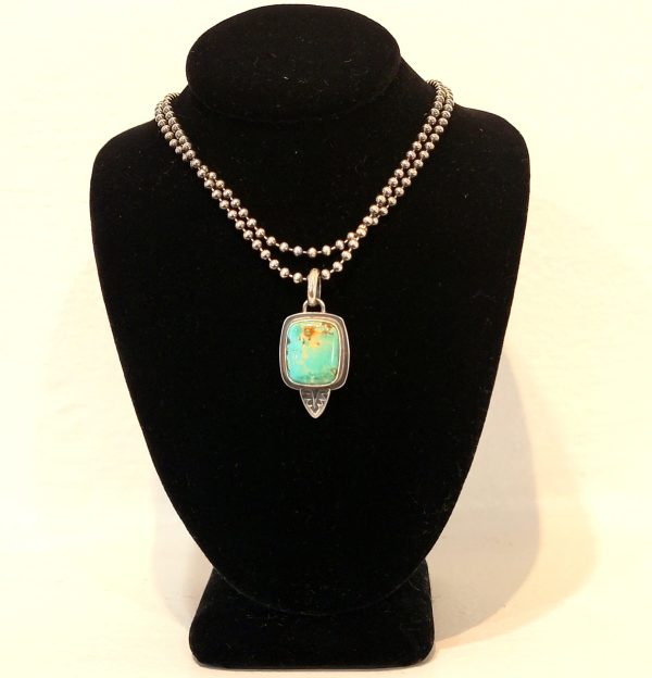 "Just Tickled Necklace" - Sweet Cushion Cut Kingman Turquoise with Stamp Accent on Long Delicate Bead Ball Chain by Shasta Brooks