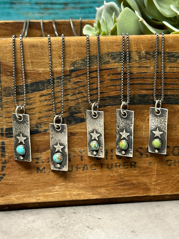 "Starlet Tags" - Kingman turquoise in sterling on delicate venetian box chain 2/3 by shasta brooks studio