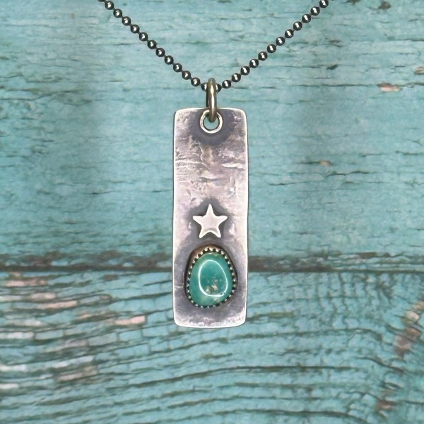 Star Tag Pendant with Natual Teal Turquoise on 24" Bead Ball Chain by Shasta Brooks