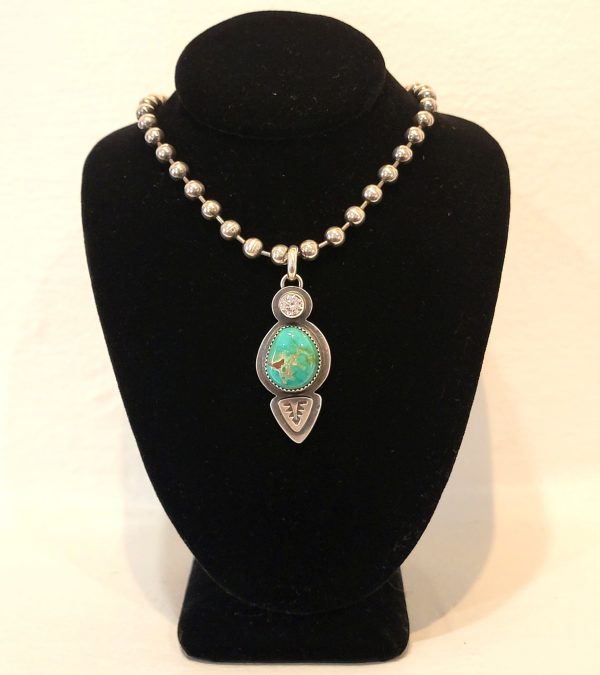 "Western Venus Necklace" - Kingman Turquoise in Sawtooth Bezel with Cubic Zirconia and Stamped Accent Pentant on Bead Ball Chain by Shasta Brooks