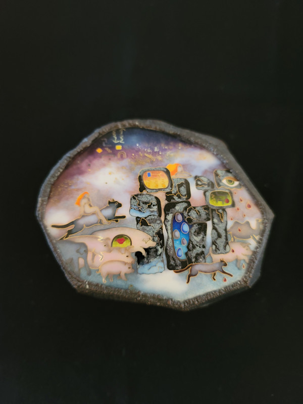 Cloisonne  Rock Sculpture  - Woman riding  a Cat by Colette Denton, Image 1.