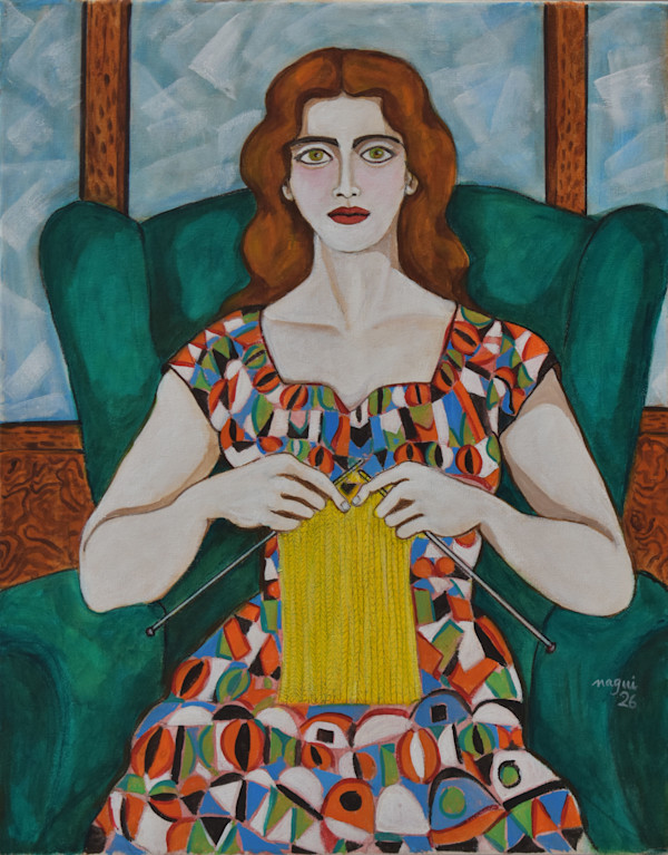 Young woman knitting by Nagui Achamallah