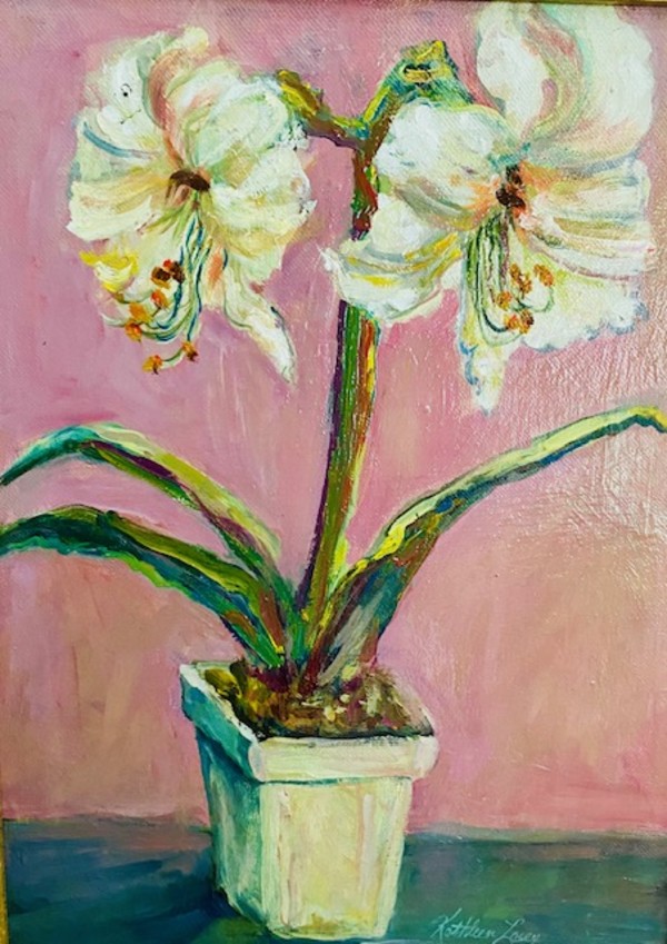 WHITE  AMARYLLIS AND PINK WALL by Kathleen Losey