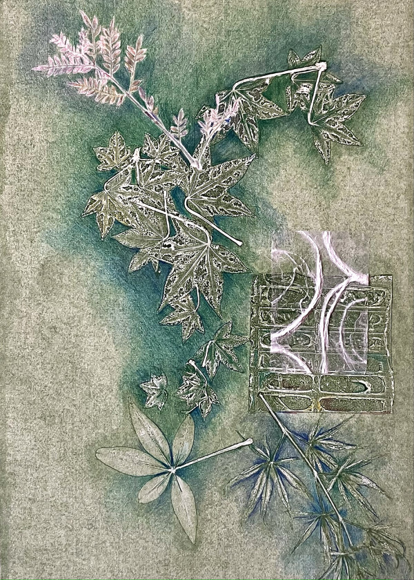 Various Leaves on Green by Rhonda Burton