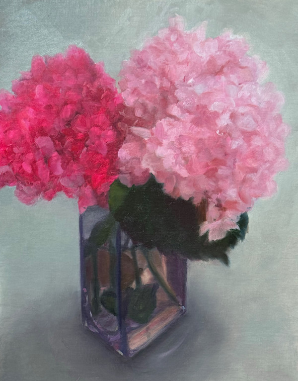 Pink Hydrangeas in Vase by Pat Wattam