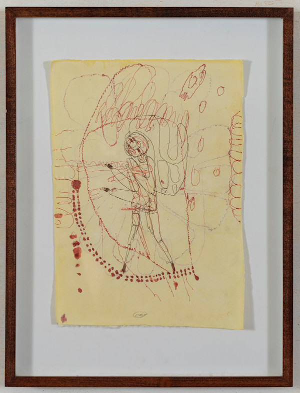 Untitled (figure, yellowed paper, walking on latter) by Dean Dass