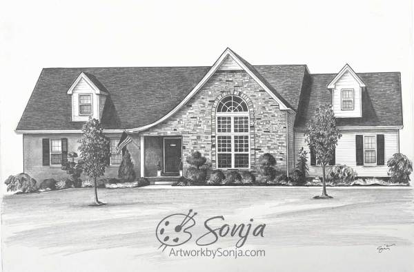 Family Home in Stone and Brick Pencil Drawing by Sonja Petersen