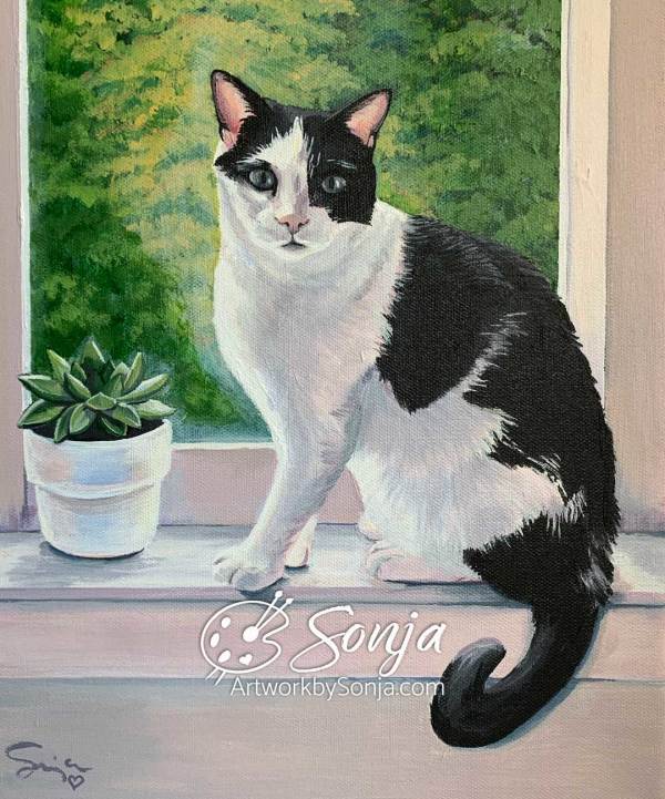 Black and White Cat Portrait Painting by Sonja Petersen