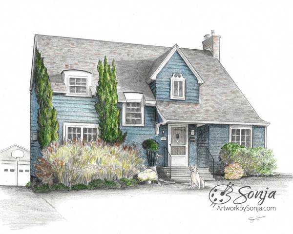 House with Pet Portrait Drawing by Sonja Petersen