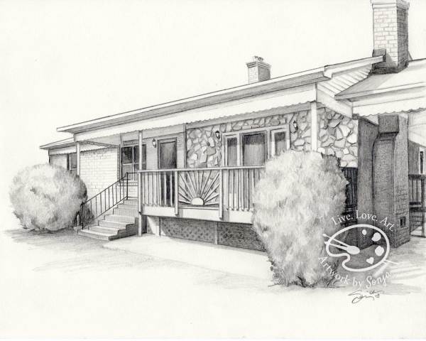 One Story Stone and Wood House Drawing by Sonja Petersen 