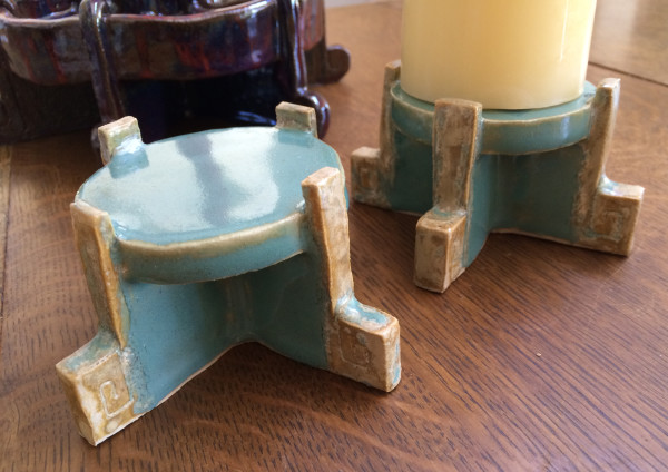 Square spiral candle stands, in sky blue and funkified gold. by Nell Eakin