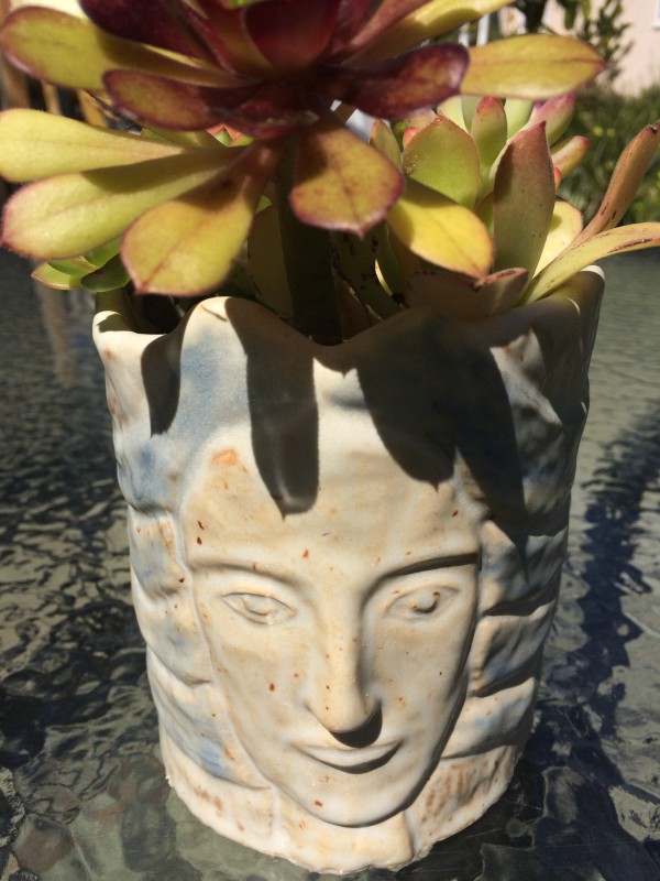 Gweniviere had blue hair cup and succulent pot by Nell Eakin