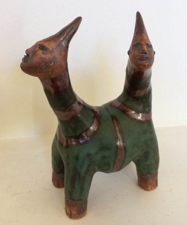 Hugo and Immy,  a green striped 2 headed unicorn by Nell Eakin