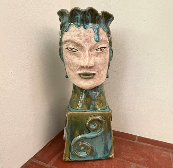 Large Flowing Tourquoise Head Vase with Beautiful Drip by Nell Eakin